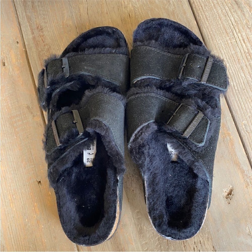 Birkenstock Arizona Big Buckle Shearling Sandals Black NWOB EU 39 - Picture 4 of 9